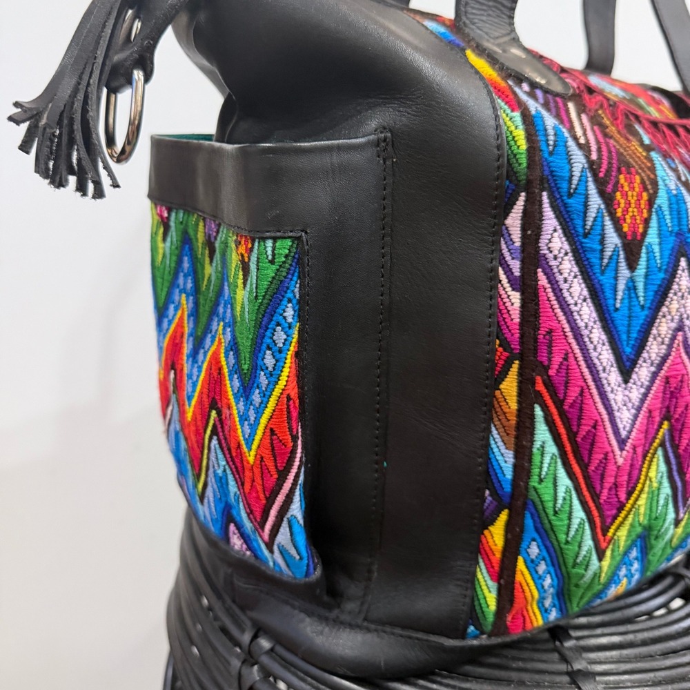 Amara Collective Huipil Leather Tote Bag Black Guatemalan Artisan Boho - Picture 5 of 11
